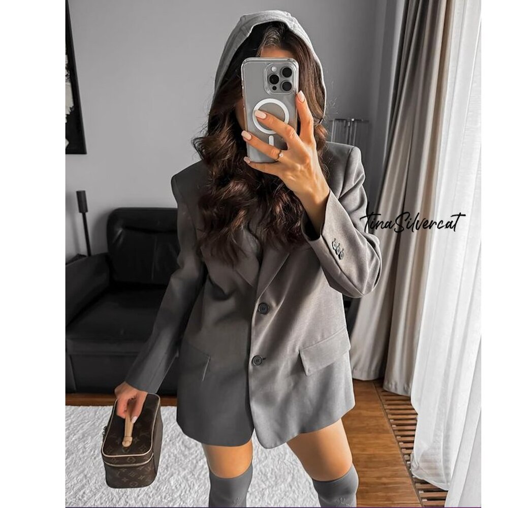 BLOGGER'S FAVE! Zara Hooded Blazer Gray NWT - Picture 4 of 14